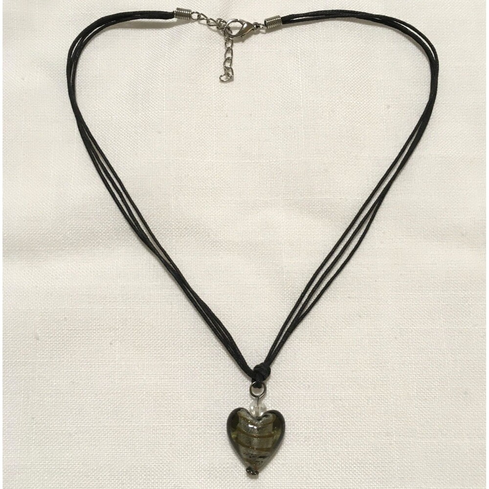 Puffy Heart Glass Pendant Necklace Cord Strand Smokey Gray Gold Tone
